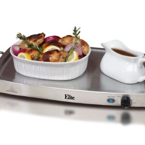 Elite Gourmet EWM-9933 Triple 3 x 2.5 Quart Trays Buffet Server 7.5 Qt Oven Safe Pan Food Warmer, Temperature Control, Clear Slotted Lids, Perfect for Parties, Entertaining & Holidays, Stainless Steel