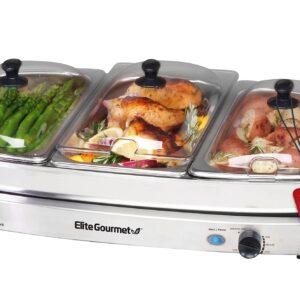 Elite Gourmet EWM-9933 Triple 3 x 2.5 Quart Trays Buffet Server 7.5 Qt Oven Safe Pan Food Warmer, Temperature Control, Clear Slotted Lids, Perfect for Parties, Entertaining & Holidays, Stainless Steel