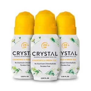 crystal mineral deodorant roll-on- body deodorant with 24-hour odor protection, non-staining & non-sticky deodorant with chamomile & green tea, aluminium chloride & paraben free, 2.25 fl oz - 3 pack