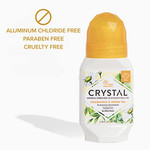 CRYSTAL Mineral Deodorant Roll-On- Body Deodorant With 24-Hour Odor Protection, Non-Staining & Non-Sticky Deodorant with Chamomile & Green Tea, Aluminium Chloride & Paraben Free, 2.25 FL OZ - 3 Pack