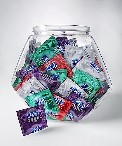 Durex Condom Fish Bowl Natural Rubber Latex Bulk Condoms, 144 Count, a Variety Pack Assortment of Ultra Fine & Lubricated Condoms for Men