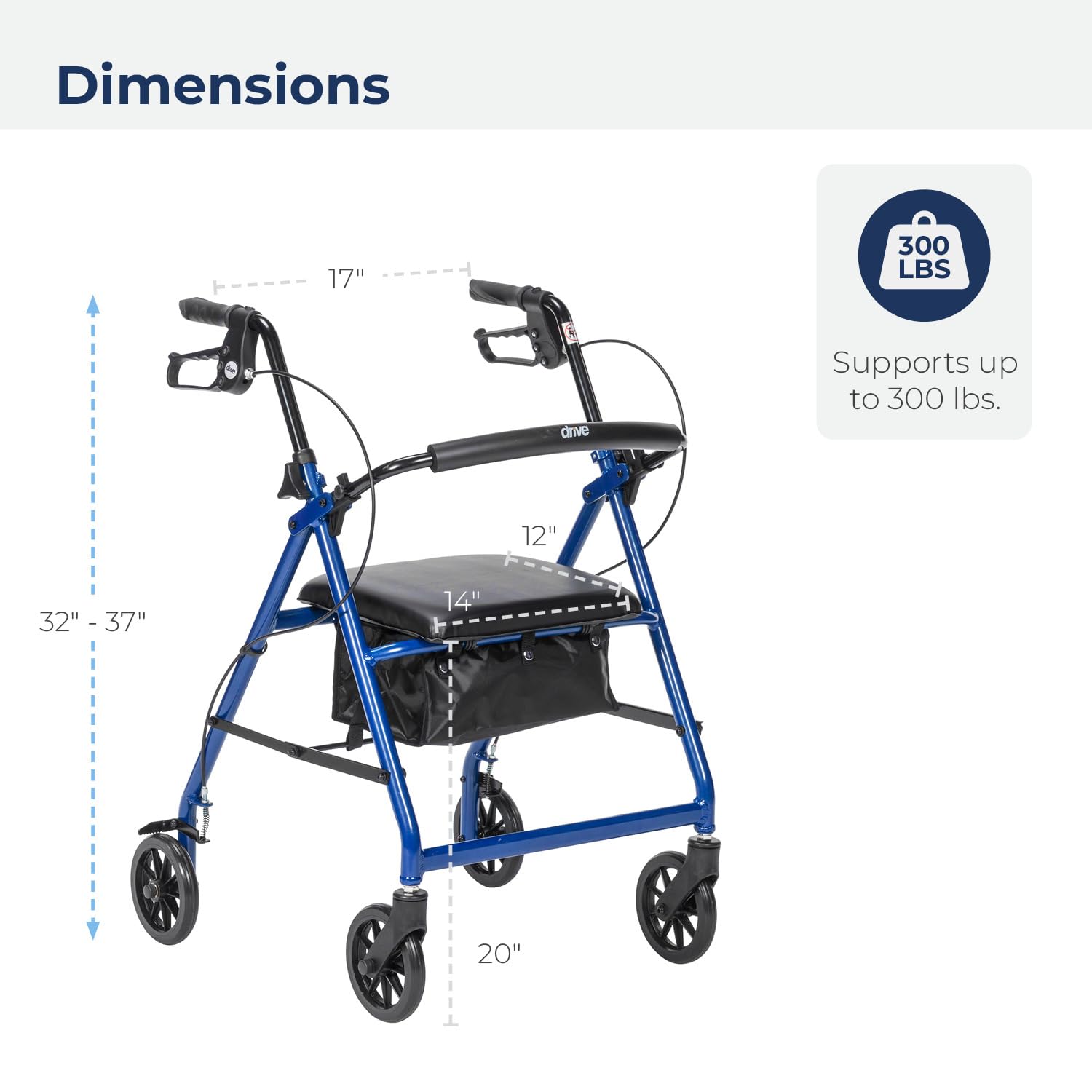 Drive Medical Aluminum Rollator Walker Fold Up and Removable Back Support, Padded Seat, 6" Wheels, Blue,R726BL