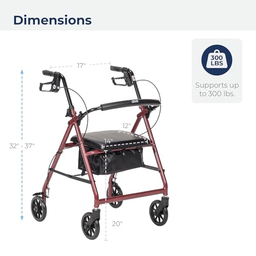 Drive Medical Aluminum Rollator Walker Fold Up and Removable Back Support, Padded Seat, 6" Wheels, Red