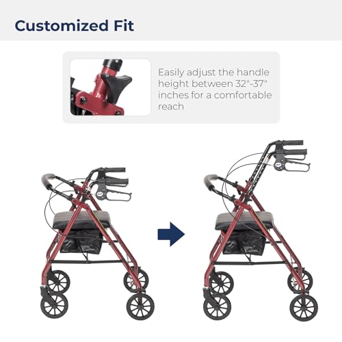 Drive Medical Aluminum Rollator Walker Fold Up and Removable Back Support, Padded Seat, 6" Wheels, Red