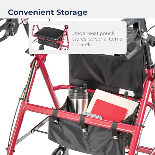 Drive Medical Aluminum Rollator Walker Fold Up and Removable Back Support, Padded Seat, 6" Wheels, Red