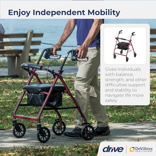 Drive Medical Aluminum Rollator Walker Fold Up and Removable Back Support, Padded Seat, 6" Wheels, Red