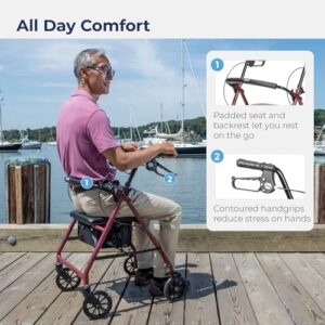 Drive Medical Aluminum Rollator Walker Fold Up and Removable Back Support, Padded Seat, 6" Wheels, Red