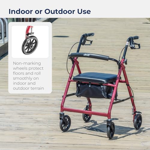 Drive Medical Aluminum Rollator Walker Fold Up and Removable Back Support, Padded Seat, 6" Wheels, Red