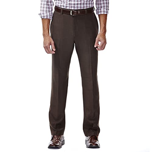 Haggar mens Eclo Stria Expandable-waist Plain-front dress pants, Brown, 38W x 29L US