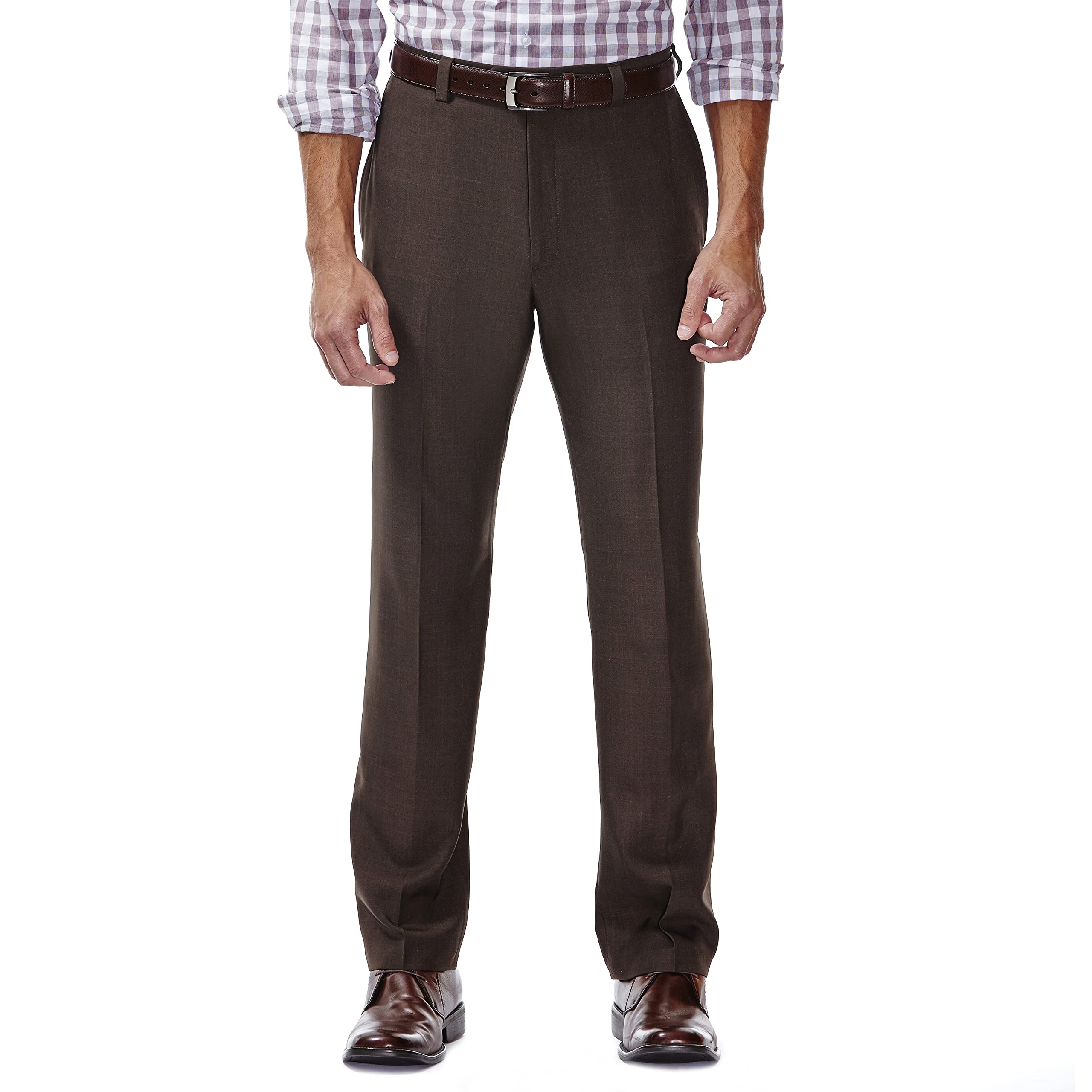 Haggar mens Eclo Stria Expandable-waist Plain-front dress pants, Brown, 38W x 32L US