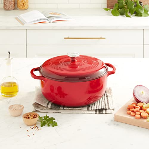 Lodge 7.5 Quart Enameled Cast Iron Dutch Oven with Lid – Dual Handles – Oven Safe up to 500° F or on Stovetop - Use to Marinate, Cook, Bake, Refrigerate and Serve – Island Spice Red