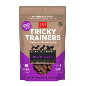 cloud star tricky trainers soft & chewy dog training treats 5 oz pouch, liver flavor, low calorie behavior aid with 130 treats