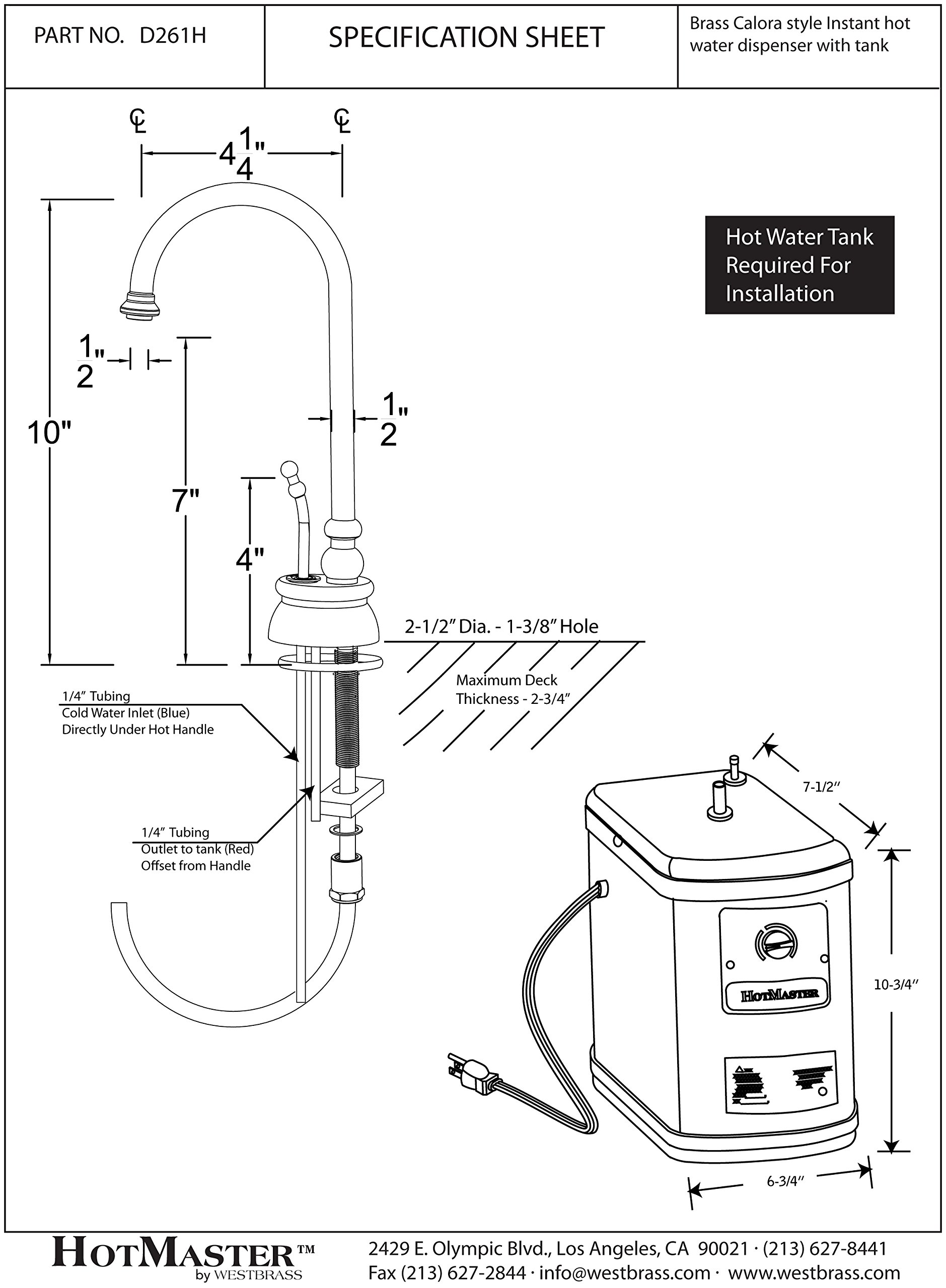 Westbrass D261H-12 10" Calorah 1-Handle Water Dispenser Faucet with Instant Hot Tank, 10-3/8", Oil Rubbed Bronze