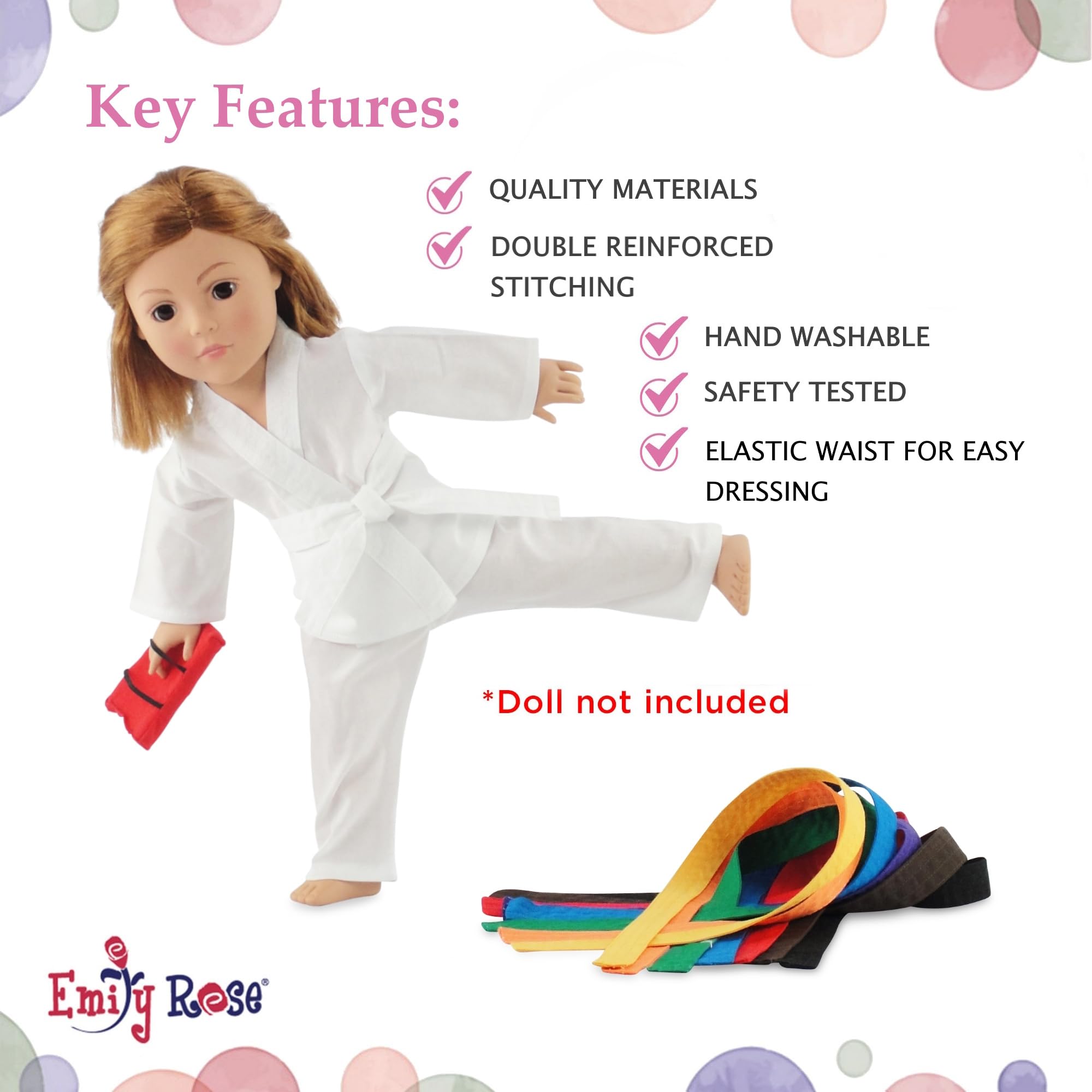 Emily Rose 18 Inch Doll Karate Clothes & Accessories Taekwondo Martial Arts Gift Set - includes all 9 Color Accessory Belts | Gift Boxed! | Compatible with 18" American Girl Dolls