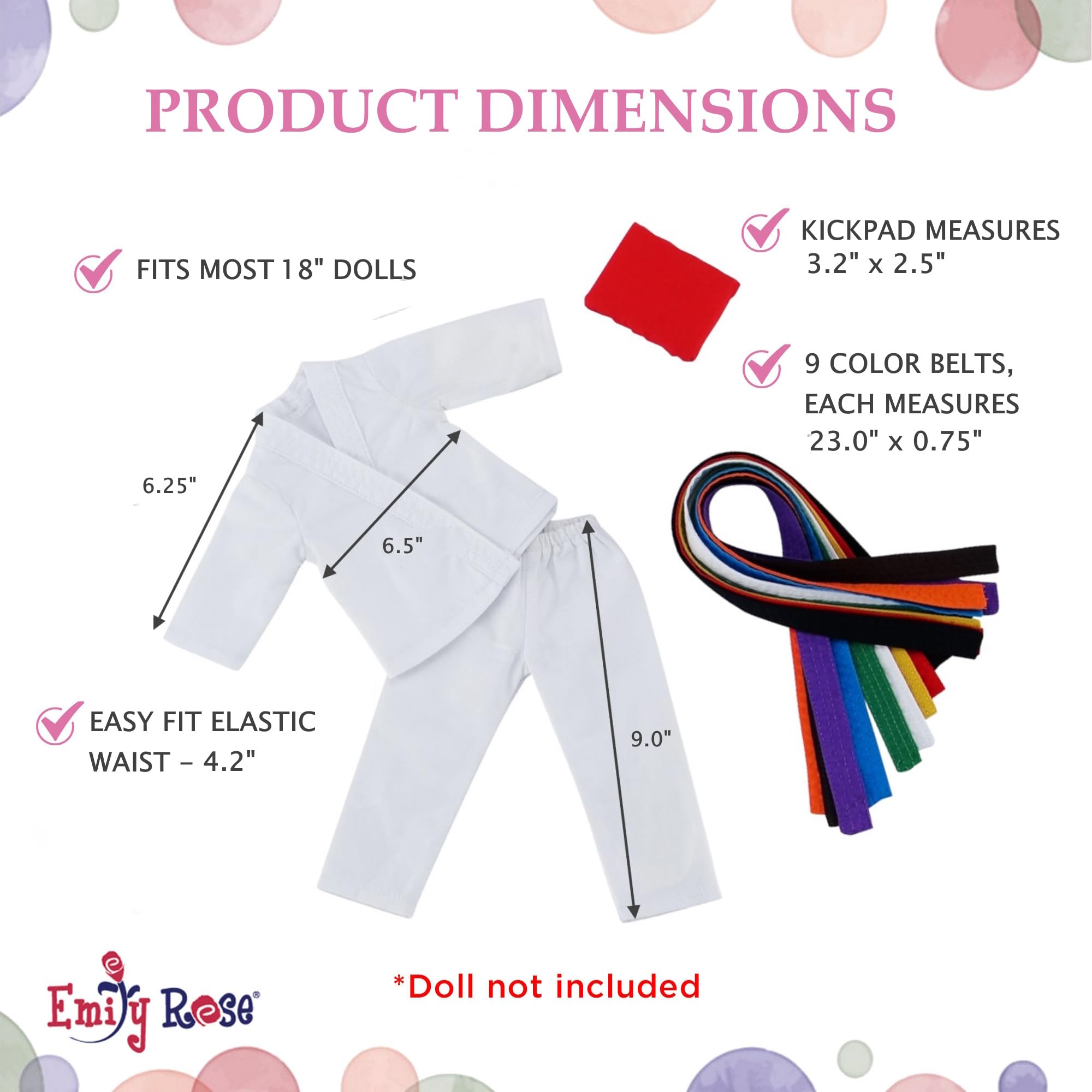 Emily Rose 18 Inch Doll Karate Clothes & Accessories Taekwondo Martial Arts Gift Set - includes all 9 Color Accessory Belts | Gift Boxed! | Compatible with 18" American Girl Dolls