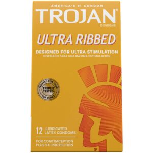 TROJAN Ultra Ribbed Premium Lubricated Condoms, 12 Count