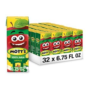 mott's 100% original apple juice, 6.75 fl oz boxes, 32 count (4 packs of 8), 2 servings of fruit, 100% fruit juice, gluten-free, caffeine-free, kosher, contains no artificial colors or sweeteners