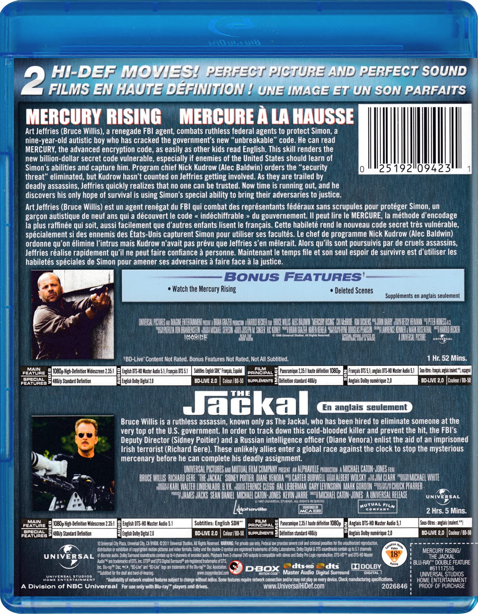 Mercury Rising / The Jackal Double Feature [Blu-ray]