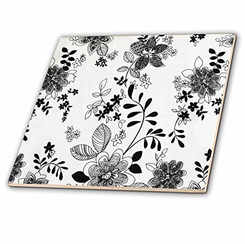 3dRose ct_11074_1 Black and White Floral Ceramic Tile, 4"