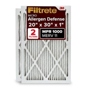filtrete 20x30x1 ac furnace air filter, merv 11, mpr 1000, micro allergen defense, 3-month pleated 1-inch electrostatic air cleaning filter, 2 pack (actual size 19.81 x 29.81 x 0.81 in)