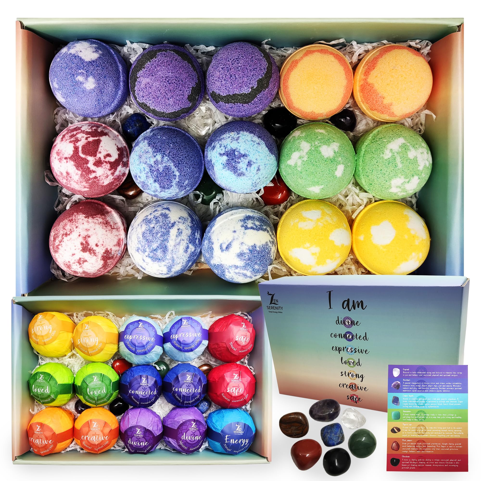 Chakra Healing Gemstones Bath Bombs. 15 Essential Oil Bath Bombs. Real Chakra Stones Bath Bombs for Adults. Perfect for Yoga Lovers. Meditation, Balancing, Positive Energy, Sleep, Reiki & Yoga Lovers