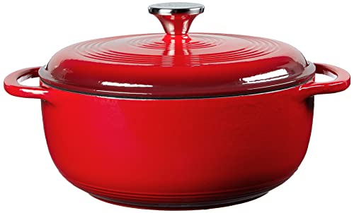 Lodge 4.5 Quart Enameled Cast Iron Dutch Oven with Lid – Dual Handles – Oven Safe up to 500° F or on Stovetop - Use to Marinate, Cook, Bake, Refrigerate and Serve – Island Spice Red