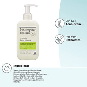 Neutrogena Naturals Purifying Daily Facial Cleanser with Natural Salicylic Acid from Willowbark Bionutrients, Hypoallergenic, Non-Comedogenic & Sulfate-, Paraben- & Phthalate-Free, 6 Fl Oz