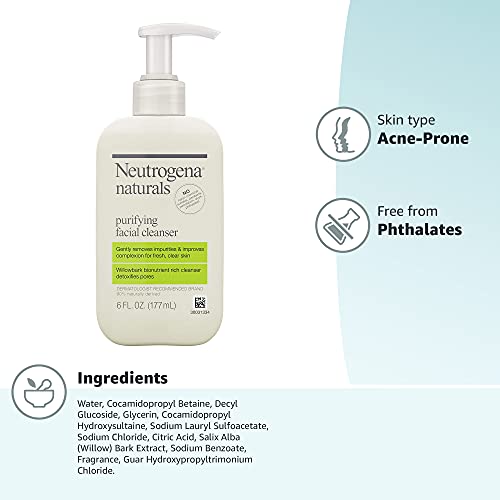 Neutrogena Naturals Purifying Daily Facial Cleanser with Natural Salicylic Acid from Willowbark Bionutrients, Hypoallergenic, Non-Comedogenic & Sulfate-, Paraben- & Phthalate-Free, 6 Fl Oz