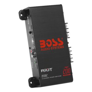 boss audio systems r1002 riot series car stereo amplifier - 200 high output, 2 channel, class a/b, 2/4 ohm stable, low/high level inputs, full range, use with subwoofer