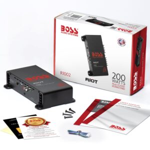 BOSS Audio Systems R1002 Riot Series Car Stereo Amplifier - 200 High Output, 2 Channel, Class A/B, 2/4 Ohm Stable, Low/High Level Inputs, Full Range, Use With Subwoofer