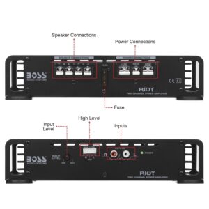 BOSS Audio Systems R1002 Riot Series Car Stereo Amplifier - 200 High Output, 2 Channel, Class A/B, 2/4 Ohm Stable, Low/High Level Inputs, Full Range, Use With Subwoofer