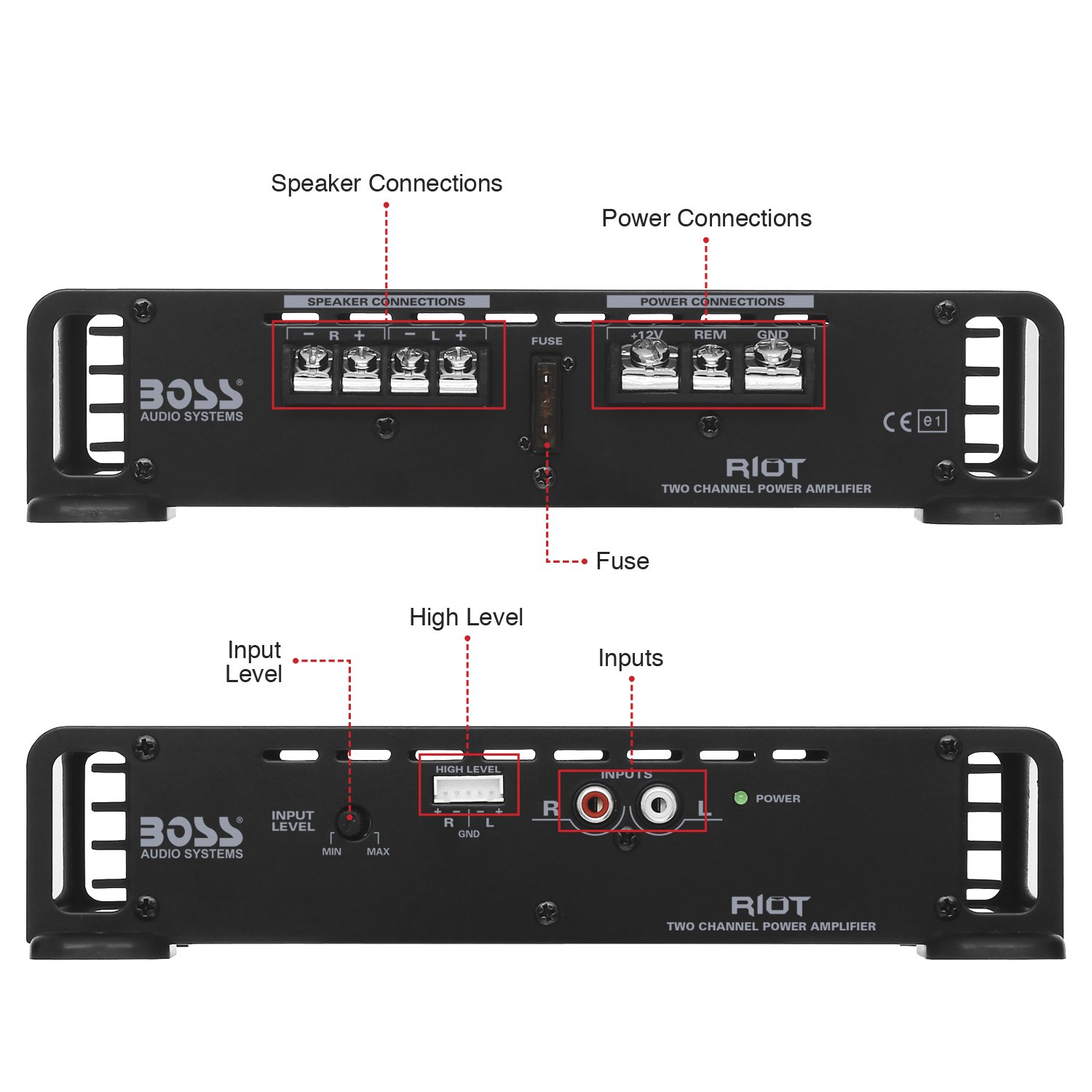 BOSS Audio Systems R1002 Riot Series Car Stereo Amplifier - 200 High Output, 2 Channel, Class A/B, 2/4 Ohm Stable, Low/High Level Inputs, Full Range, Use With Subwoofer