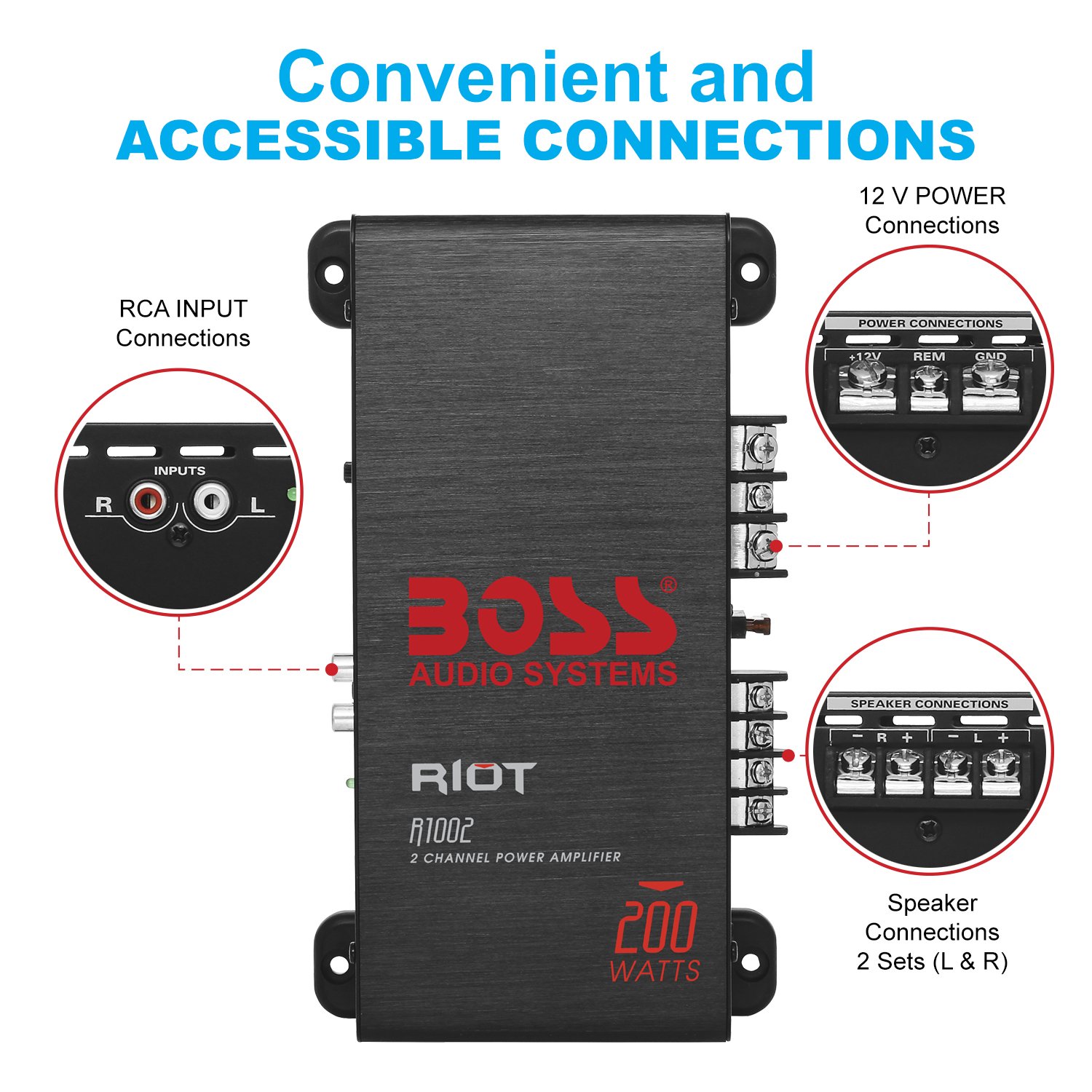 BOSS Audio Systems R1002 Riot Series Car Stereo Amplifier - 200 High Output, 2 Channel, Class A/B, 2/4 Ohm Stable, Low/High Level Inputs, Full Range, Use With Subwoofer