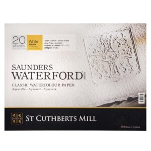 st. cuthberts mill saunders waterford watercolor paper block - 16x12-inch white 100% cotton watercolor paper - 20 sheets of 140lb rough watercolor paper for gouache ink acrylic charcoal and more