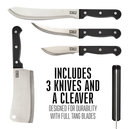 Weston 10-Piece Game Processing Knife Kit, 8" Butcher, 6" Cleaver, 5.3" Fillet, and 4.2" Skinning Knives, Adjustable 12.25" Butcher Saw, Sharpener, Shears & Storage Case, Stainless Steel (83-7001-W)