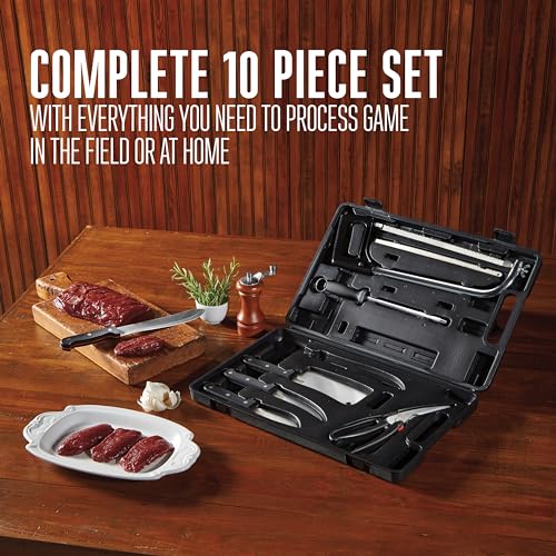 Weston 10-Piece Game Processing Knife Kit, 8" Butcher, 6" Cleaver, 5.3" Fillet, and 4.2" Skinning Knives, Adjustable 12.25" Butcher Saw, Sharpener, Shears & Storage Case, Stainless Steel (83-7001-W)