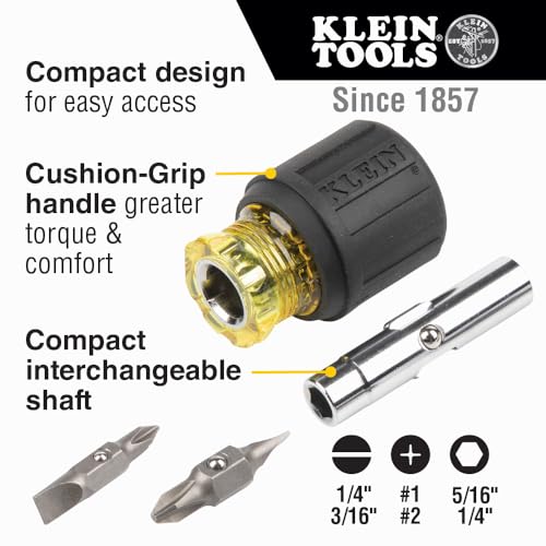 Klein Tools 32561 Multi-Bit Screwdriver / Nut Driver, 6-in-1 Stubby Screwdriver with 2 Phillips, 2 Slotted Bits, 2 Nut Drivers