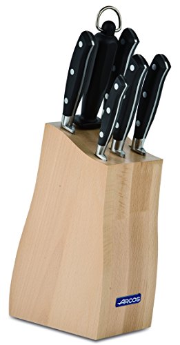 ARCOS Forged Block Knife Set 6 piece Nitrum Stainless Steel. 4055 gr. Multi-use Cooking Knife for Cutting Meat and Vegetables. Ergonomic Polyoxymethylene POM Handle. Series Riviera. Color Black.