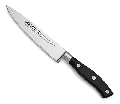 ARCOS Forged Block Knife Set 6 piece Nitrum Stainless Steel. 4055 gr. Multi-use Cooking Knife for Cutting Meat and Vegetables. Ergonomic Polyoxymethylene POM Handle. Series Riviera. Color Black.