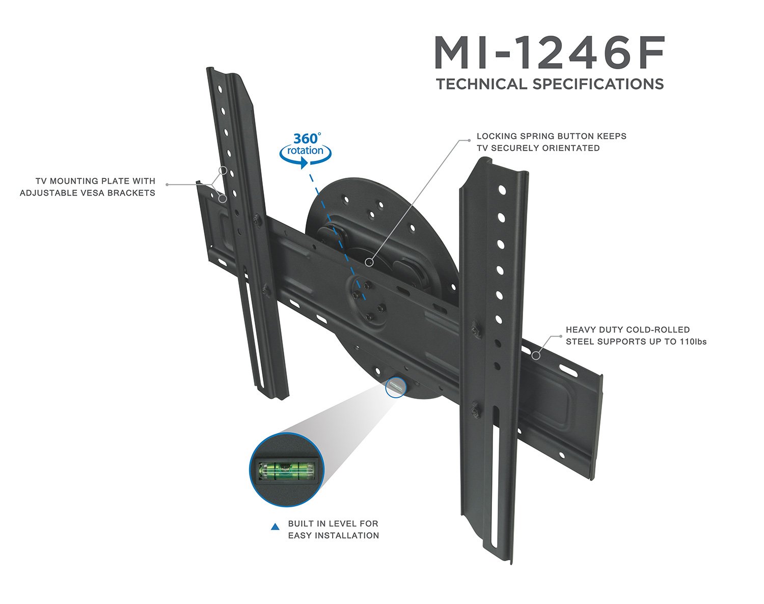 Mount-It! TV Wall Mount Landscape to Portrait Rotation, Fixed Mounting Bracket, Low-Profile for Samsung, Sony, Toshiba, Sharp, LG, Element, Westinghouse, TCL 32 to 60 Inch (Some 70") TVs, 110 lbs