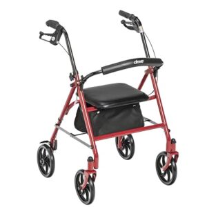 Drive Medical 10257RD-1 4 Wheel Rollator Walker With Seat, Steel Rolling Walker, Height Adjustable, 7.5" Wheels, Removable Back Support, 300 Pound Weight Capacity, Red