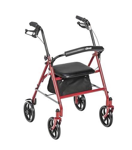 Drive Medical 10257RD-1 4 Wheel Rollator Walker With Seat, Steel Rolling Walker, Height Adjustable, 7.5" Wheels, Removable Back Support, 300 Pound Weight Capacity, Red