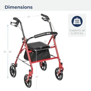 Drive Medical 10257RD-1 4 Wheel Rollator Walker With Seat, Steel Rolling Walker, Height Adjustable, 7.5" Wheels, Removable Back Support, 300 Pound Weight Capacity, Red