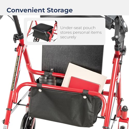 Drive Medical 10257RD-1 4 Wheel Rollator Walker With Seat, Steel Rolling Walker, Height Adjustable, 7.5" Wheels, Removable Back Support, 300 Pound Weight Capacity, Red