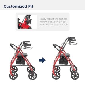 Drive Medical 10257RD-1 4 Wheel Rollator Walker With Seat, Steel Rolling Walker, Height Adjustable, 7.5" Wheels, Removable Back Support, 300 Pound Weight Capacity, Red