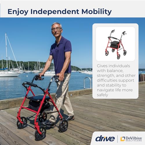 Drive Medical 10257RD-1 4 Wheel Rollator Walker With Seat, Steel Rolling Walker, Height Adjustable, 7.5" Wheels, Removable Back Support, 300 Pound Weight Capacity, Red