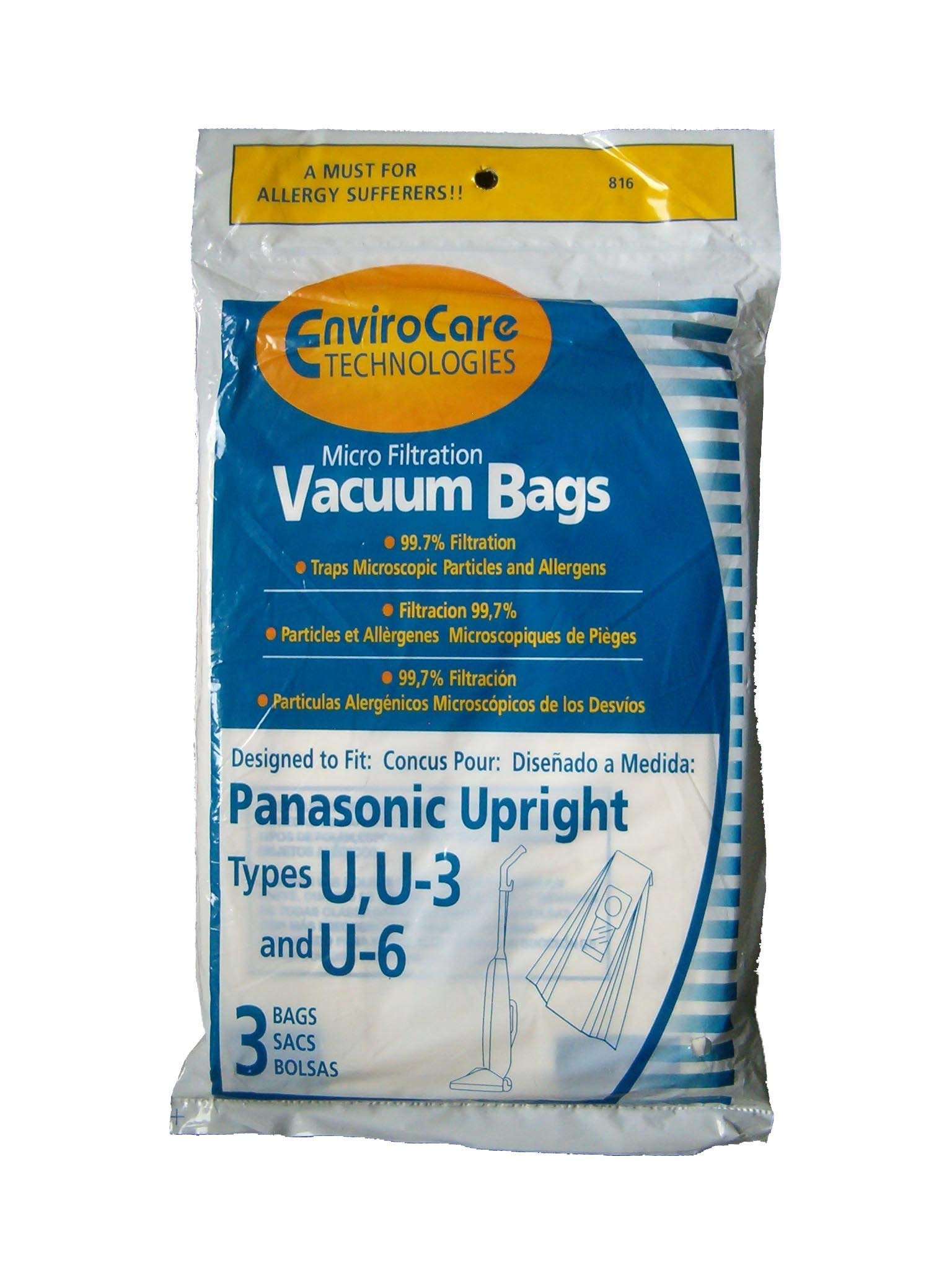 3 Panasonic U, U-3 & U-6 Upright Vacuum Cleaner Bags, MC-V145M, MC-115P, MC-V5000 thru MC-V5099, MC-V7300 thru MC-V7399, MC-V6200 thru MC-V6299