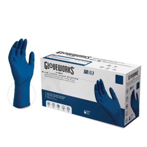 gloveworks hd medical blue latex gloves, box of 50, 13 mil, size large, 12 inches long, powder free, textured, disposable, non-sterile, gplhd86100bx