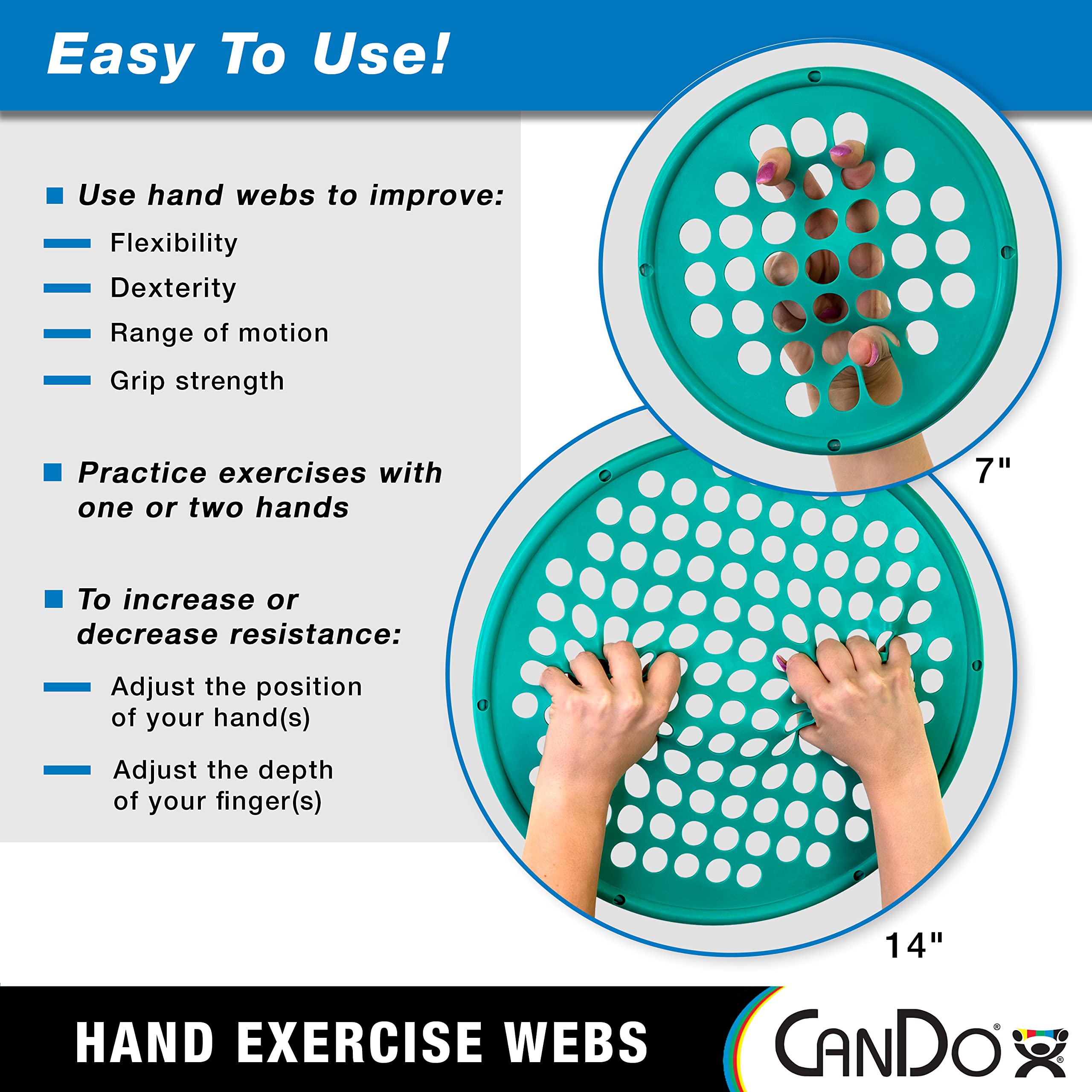 CanDo Hand Exercise Webs for Physical Therapy, Grip Strengthening, and Hand, Finger, Wrist Resistance Workouts, Portable Size, Low Powder, 14" Diameter, Multi-Resistance: X-Light/Medium