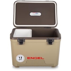 engel uc13 13qt leak-proof, air tight, drybox cooler and small hard shell lunchbox for men and women in tan